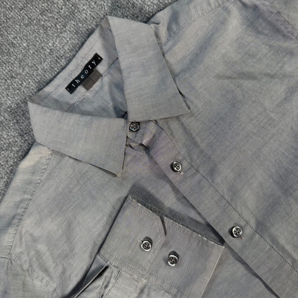 Theory Mens Grey Cotton Micro Pattern Long Sleeve Button Down Shirt Size L #4225